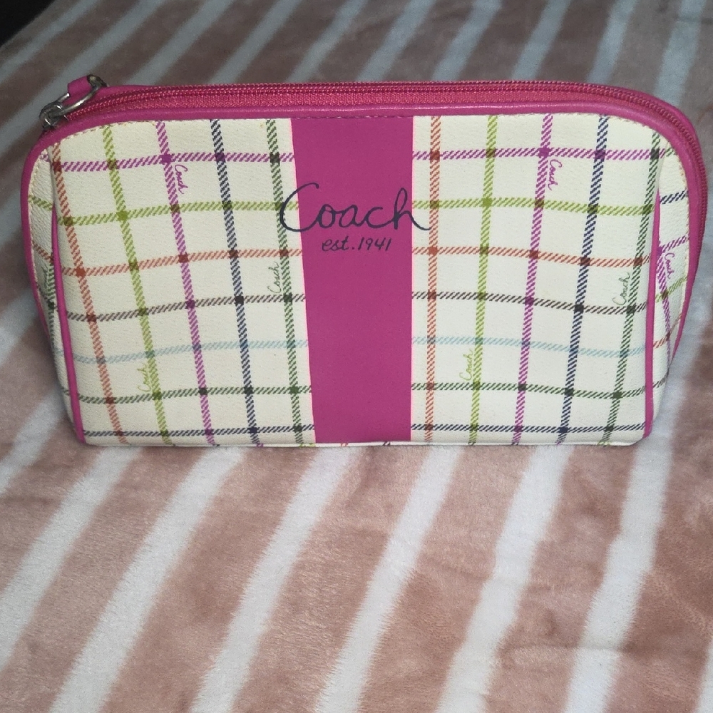 Coach Pink and White Cosmetic Bag with Plaid Design